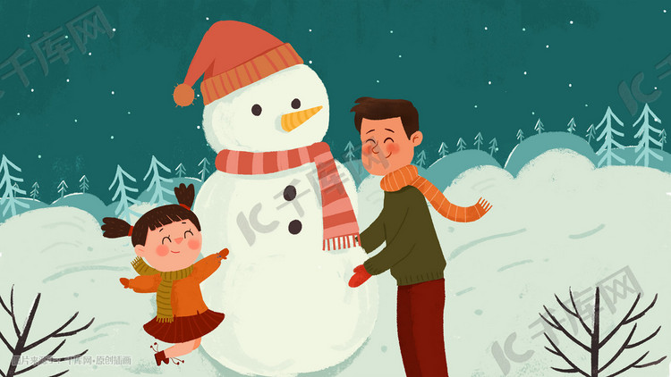 冬季堆雪人儿童插画插画