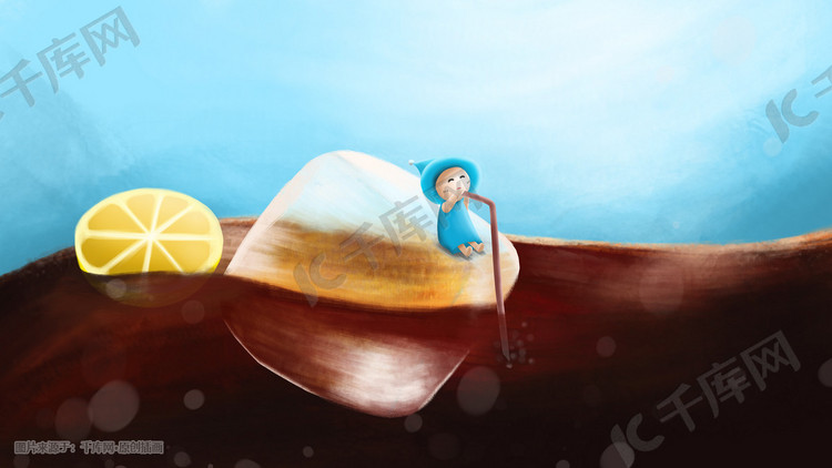 盛夏精灵坐在冰块上喝可乐冷饮柠檬清新插画