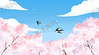 手绘春天天空樱花满天飞燕子插画