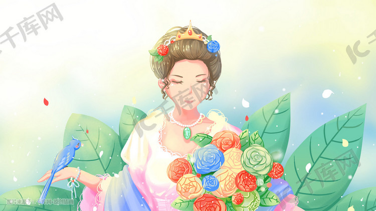 女王节女神节唯美卡通治愈绿色节日插画