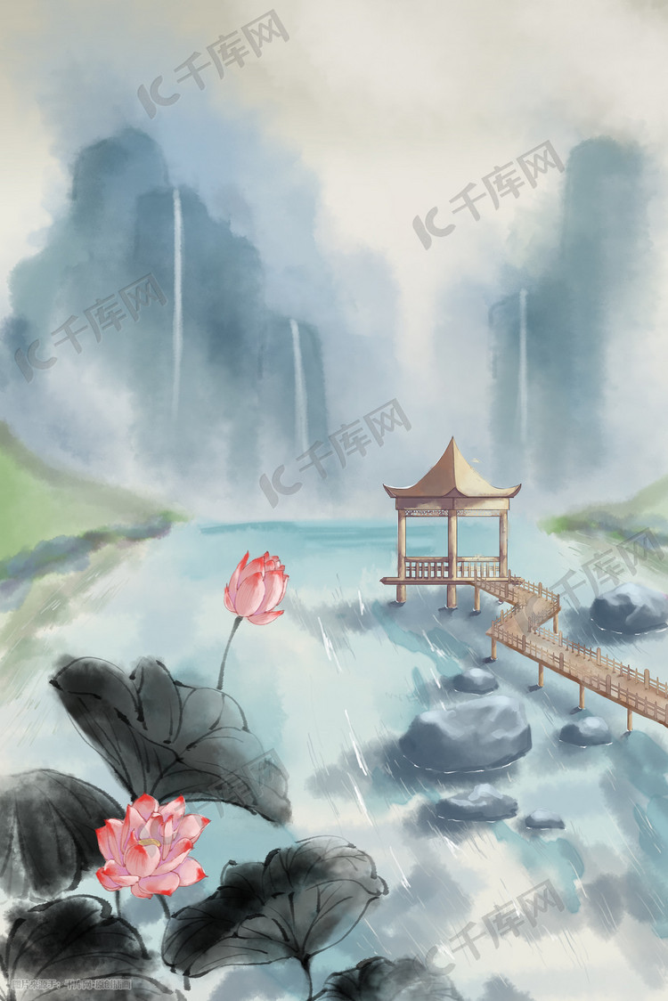 古风山水赏花游玩水墨风景插画