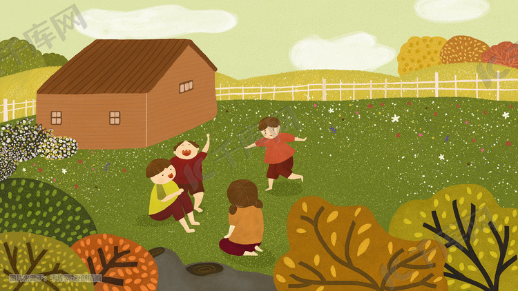秋天郊外儿童玩耍场景图