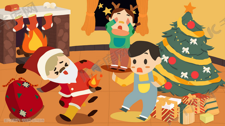 平安夜圣诞节儿童圣诞树圣诞老人着火啦插画圣诞