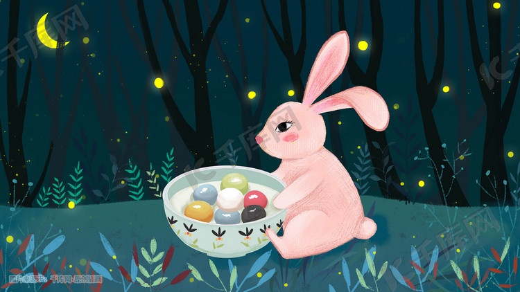 元宵节吃元宵赏月的手绘小清新兔子