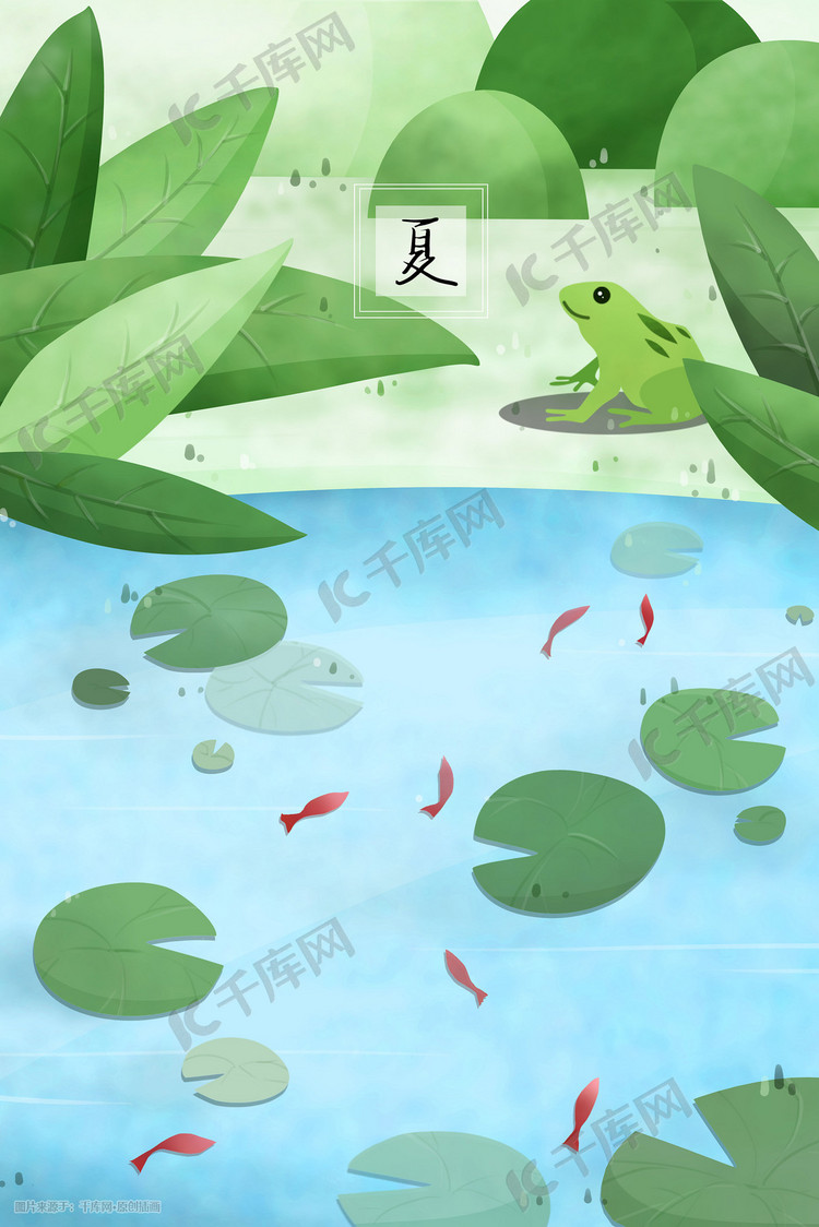 夏季池塘里鱼荷叶间游岸边青蛙在植物丛中