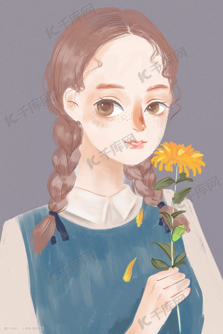 手绘水彩质感文艺少女插画图片-千库网