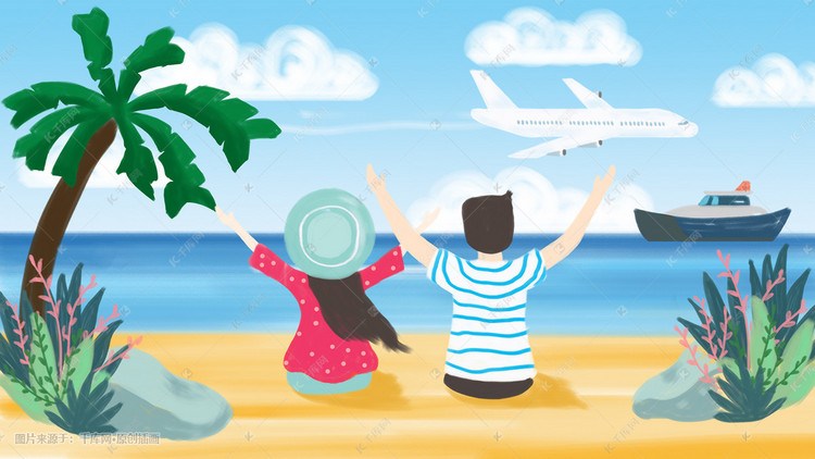 夏天海边旅游椰子树天空大海沙手绘肌理插画