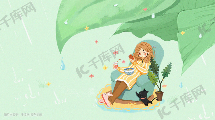 雨水立春绿色少女居家