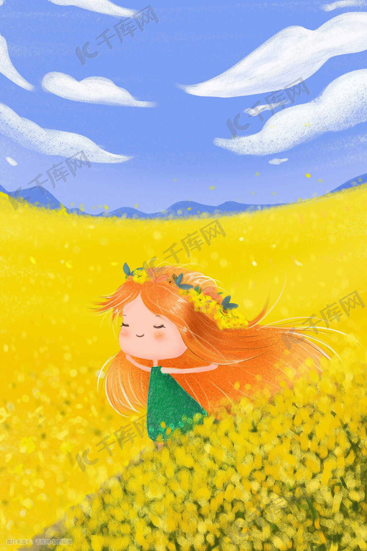 春天花海女孩治愈唯美插画