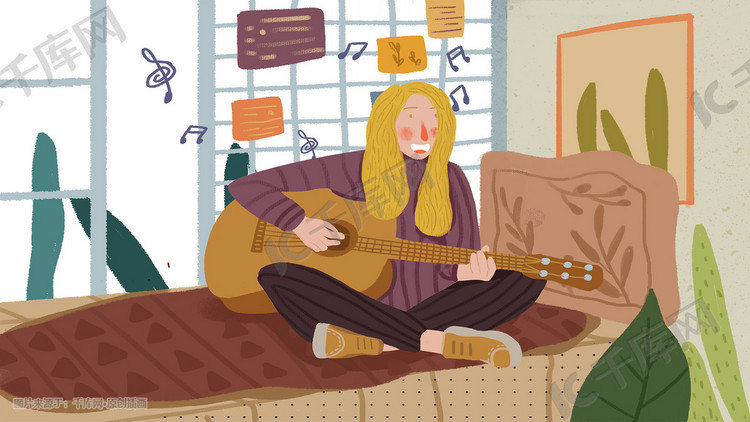 寒假假期少女生活方式弹吉他音乐卡通插画