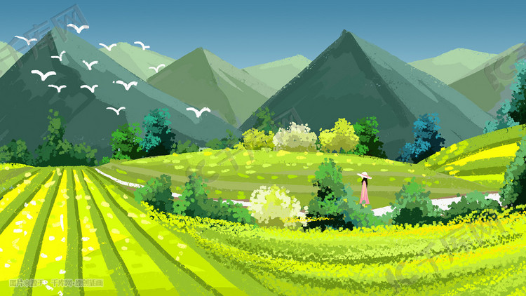 水印说明:图片水印仅用于防盗防刷,不代表其他含义插画春天风景手绘