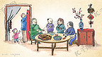 春节团圆年夜饭贴春联传统手绘插画
