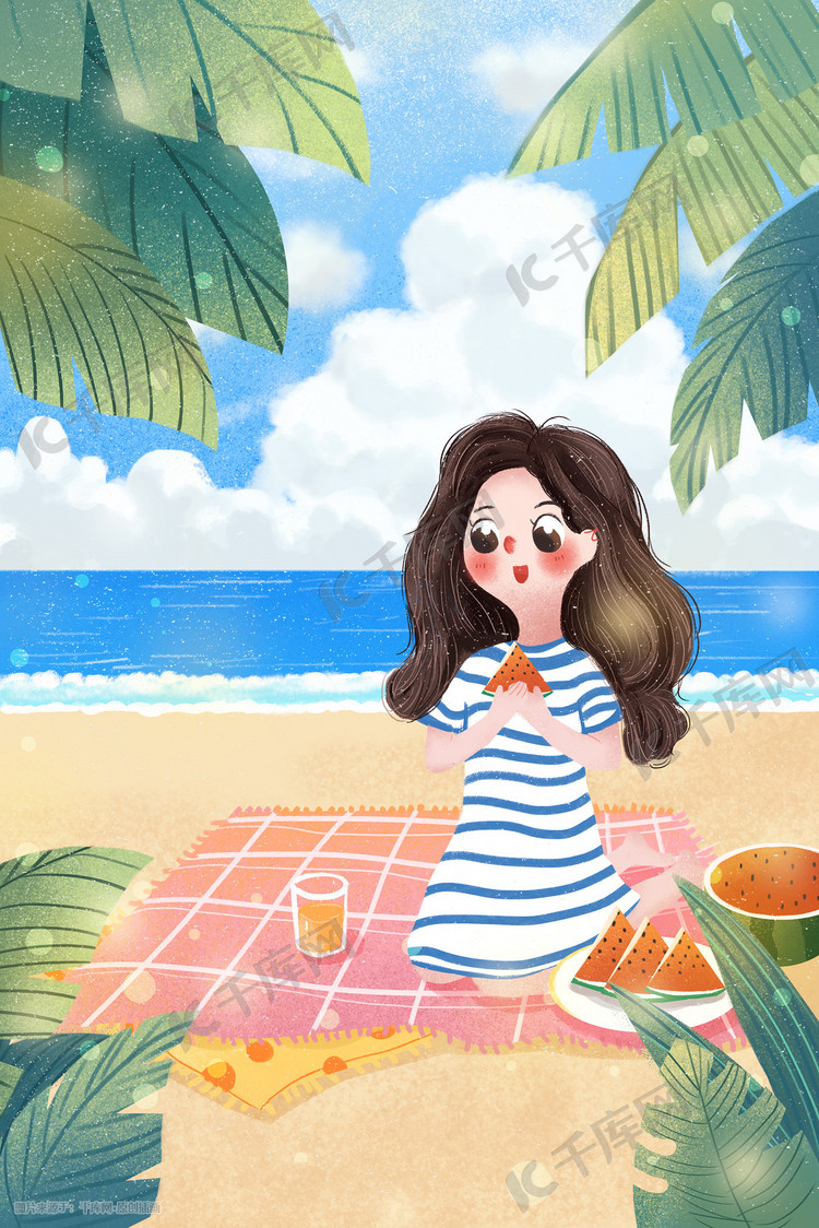 小清新夏天海滩女孩吃西瓜
