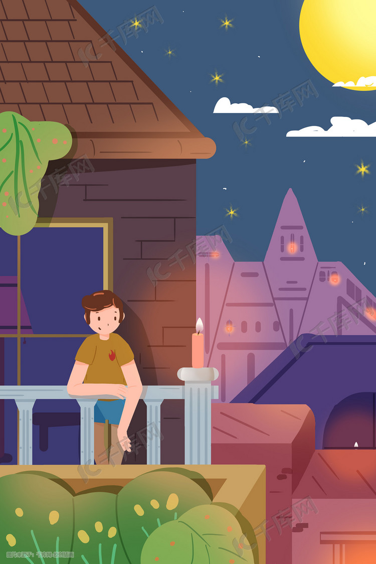 地球一小时节约用电点蜡烛月光卡通扁平插画