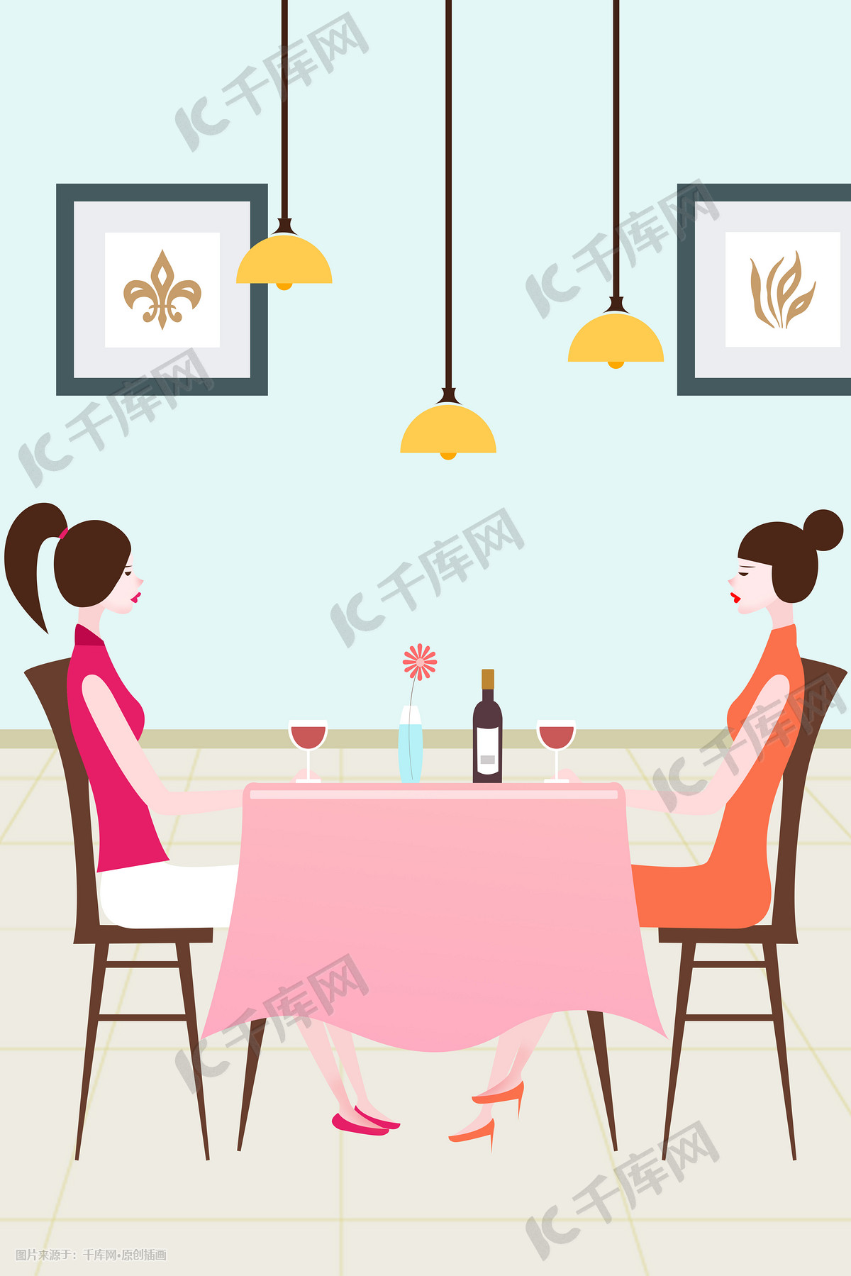 商用插画 闺蜜 两个女孩坐在一起喝酒友谊万岁插画部分档位支持 肖像