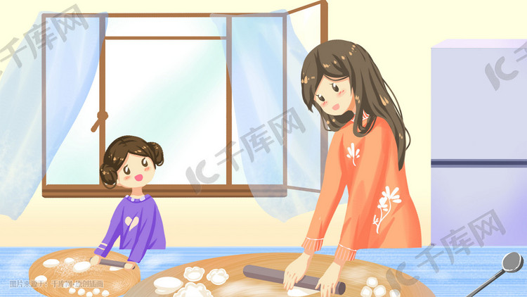 亲子互动包饺子生活方式插画暖色调卡通动漫