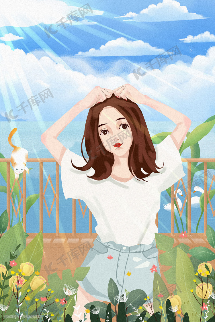 唯美卡通小清新女孩踏青插画