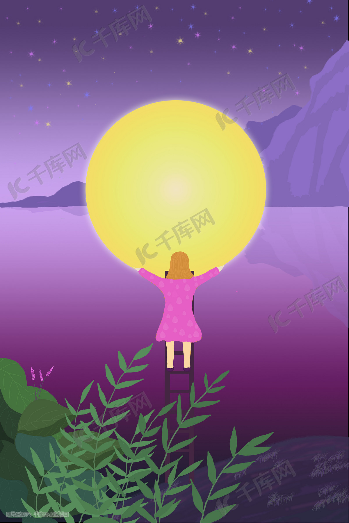 孩童拥月之梦背景图插画图片 千库网 插画id 2151
