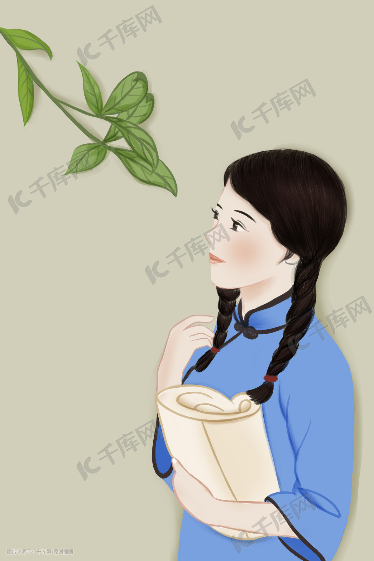 手绘风格民国女学生插画