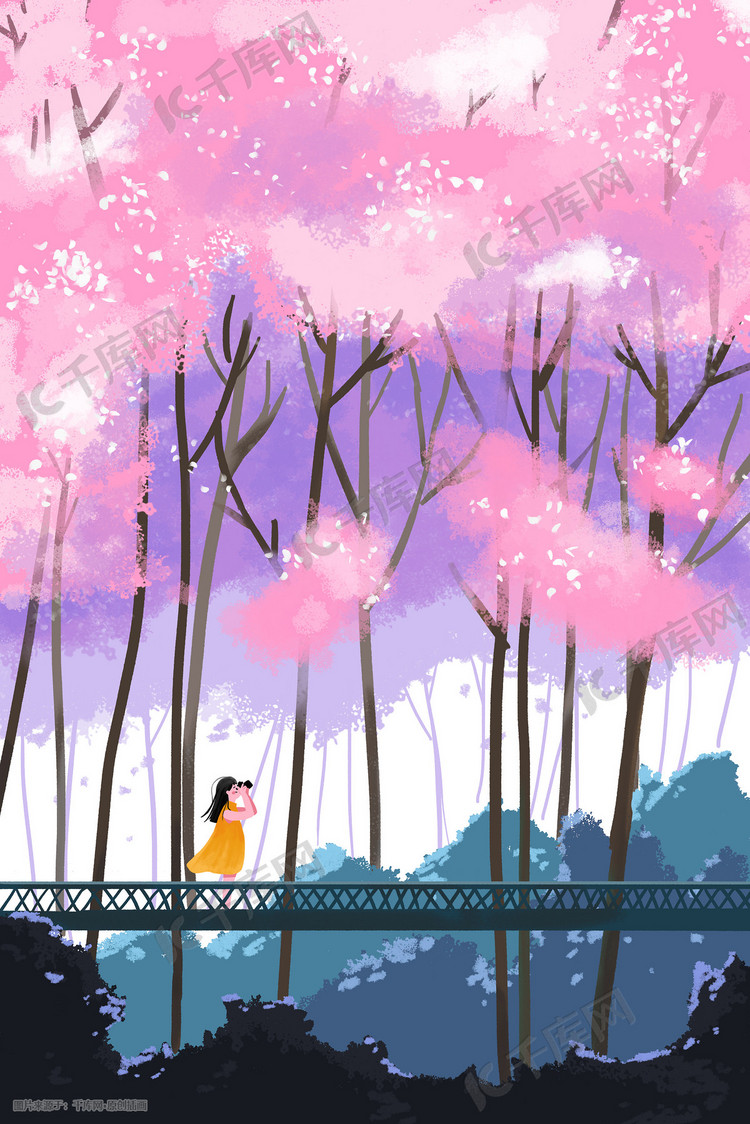 春天樱花赏花风景树花朵少女卡通插画