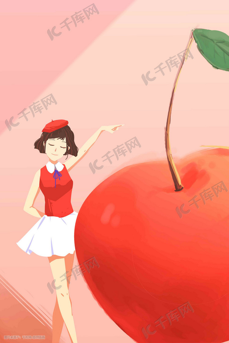 清新唯美水果苹果少女卡通彩色手绘插画