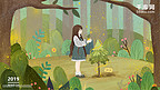 手绘春天植树节小女孩商业插画横图