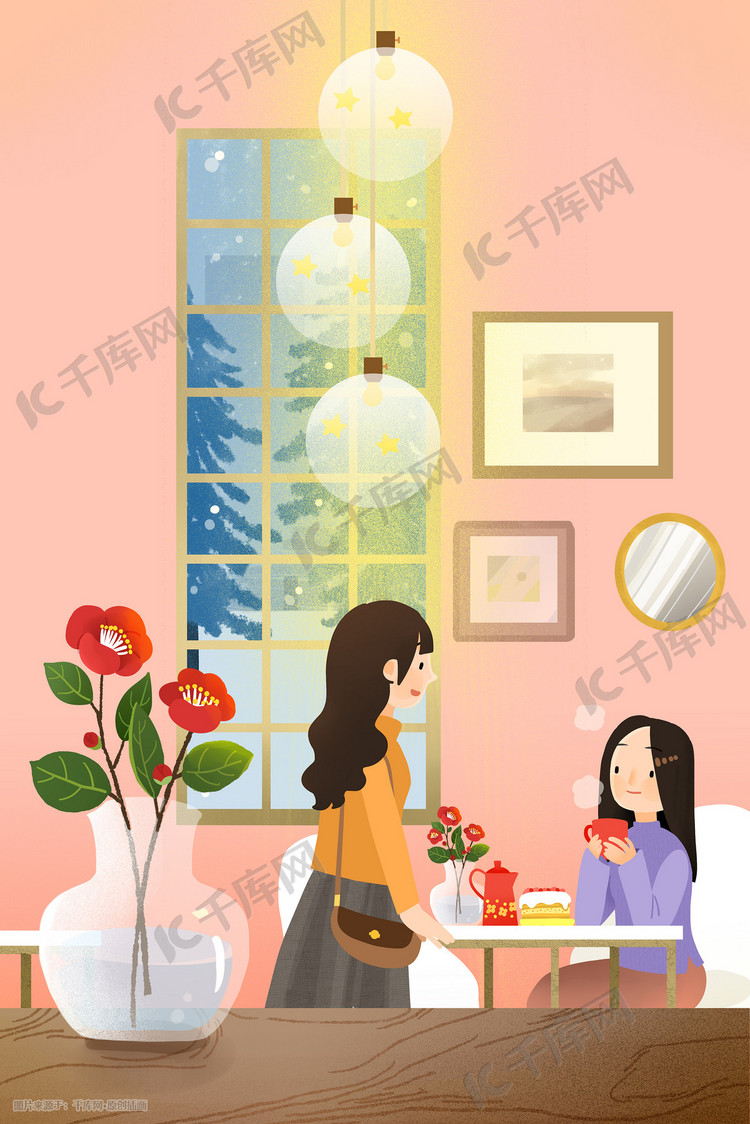 三八女神节关爱女性闺蜜聚会插画