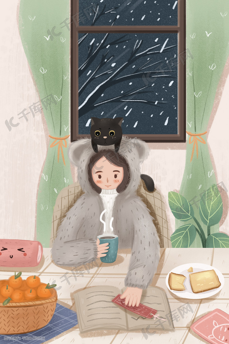 小寒主题女孩子在家喝茶看书小清新手绘竖图