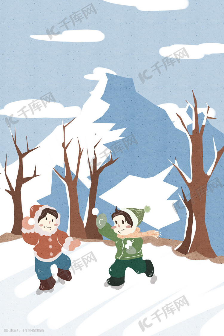 立冬手绘雪景之打雪仗简约清新插画
