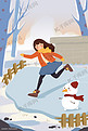 你好一月滑冰雪人女孩蓝色小清新插画