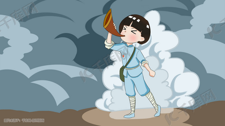 卡通手绘八一建军节红军硝烟中吹号角插画党