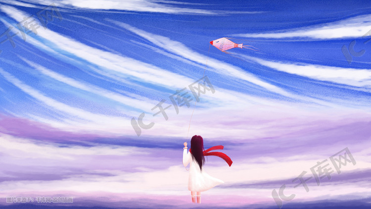 天空唯美风景放风筝的少女