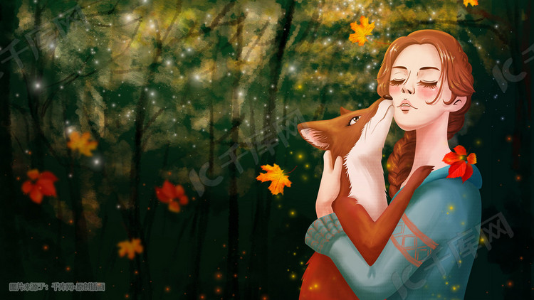 卡通手绘立秋节气森林少女与狐插画