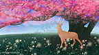 手绘春天樱花树下的小鹿