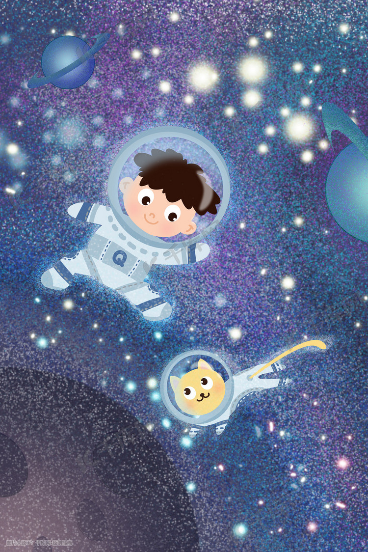 宇宙星球探索太空科技男孩猫手绘插画psd