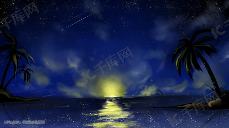清新震撼写实浪漫黑夜星空海洋沙滩原创插画