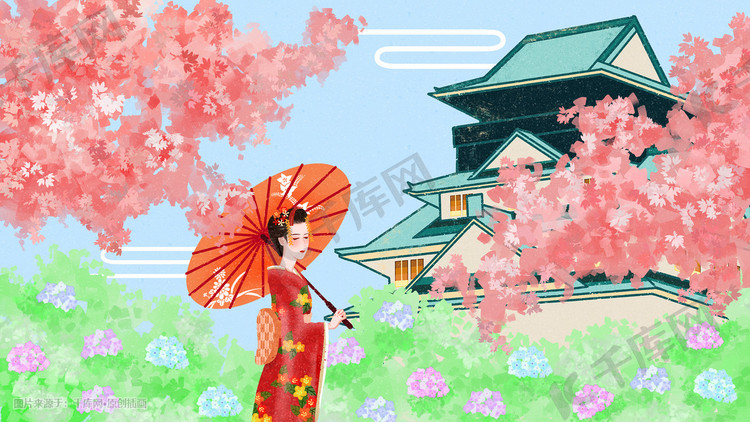 日本传统艺伎花魁美景人情风物旅游宣传插画