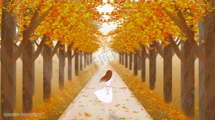 秋天枫树林手绘美女背影