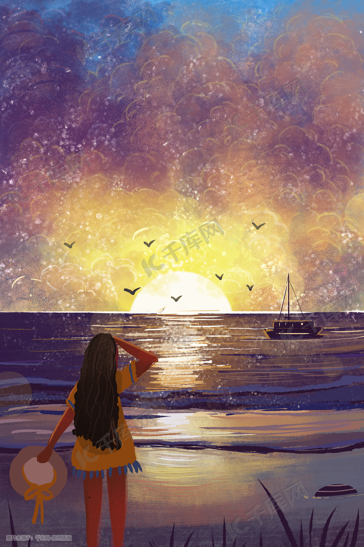 夏日海边梦幻夕阳治愈系插画图片-千库网