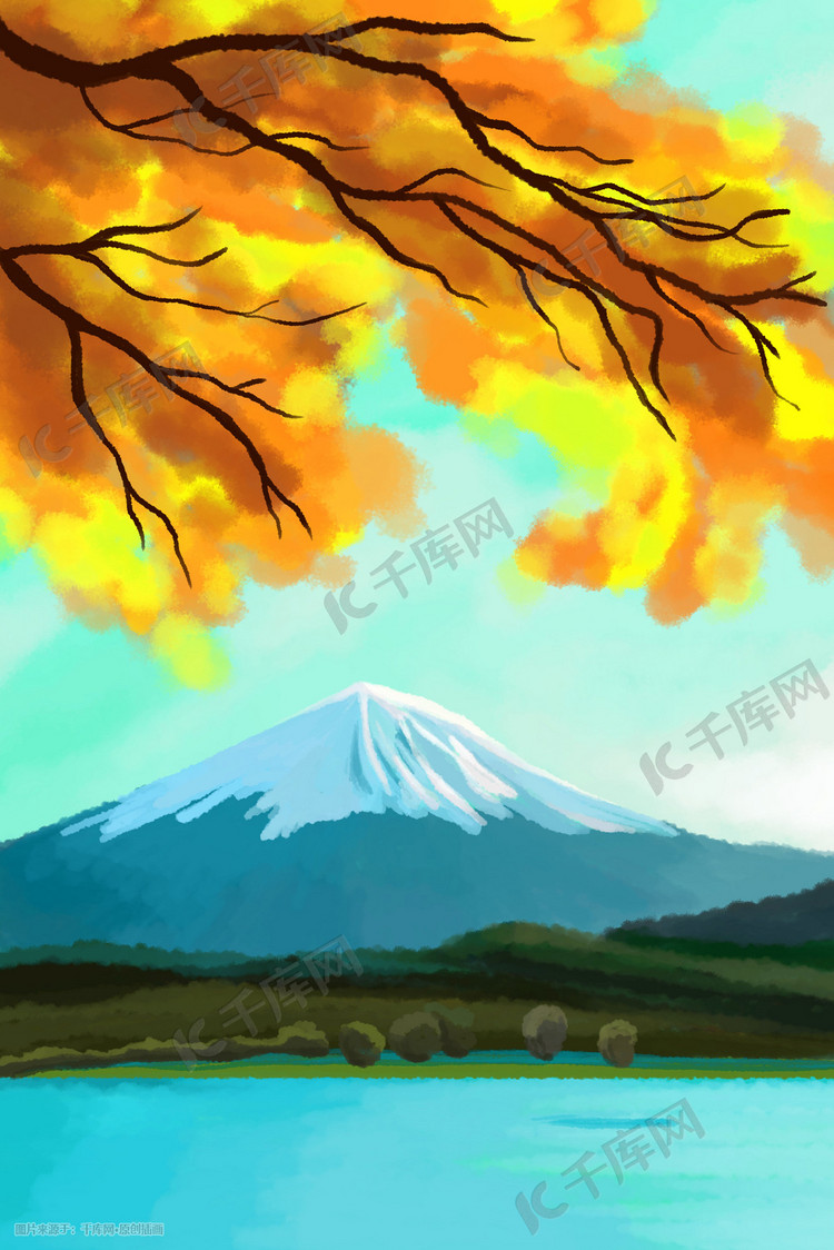 景点秋叶与富士山插画