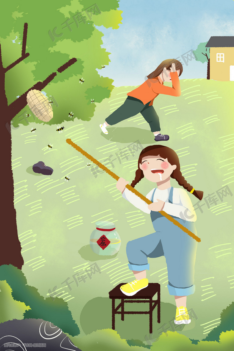 春天三月郊游出游捅马蜂窝清新扁平少女插画