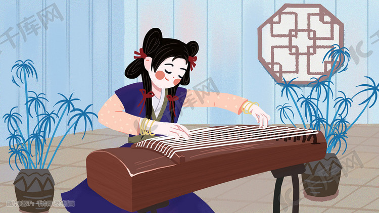 寒假生活培训古筝复古古装中国风卡通插画