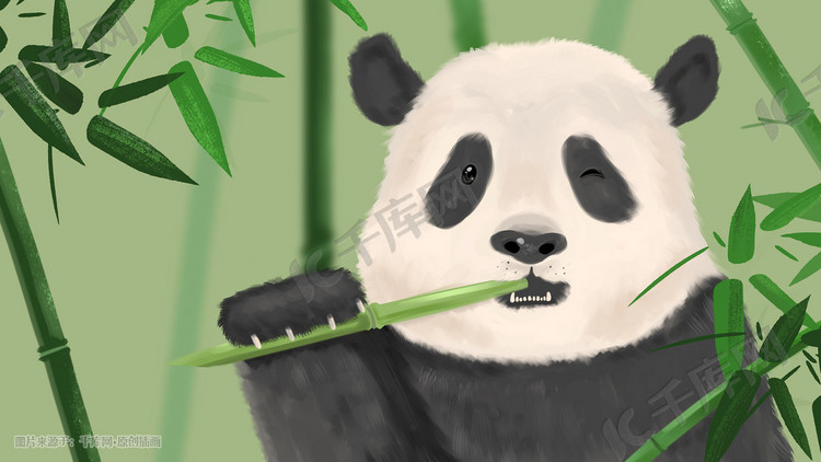 可爱淘气熊猫吃竹子插画