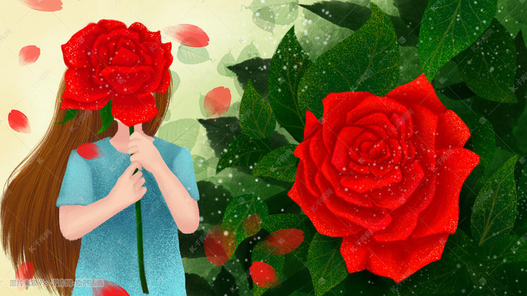手绘插画女孩和玫瑰