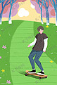 春日公园滑板男孩插画海报背景