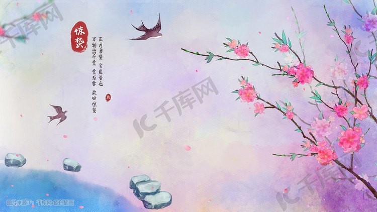中国传统二十四节气惊蛰古风水彩桃花燕子