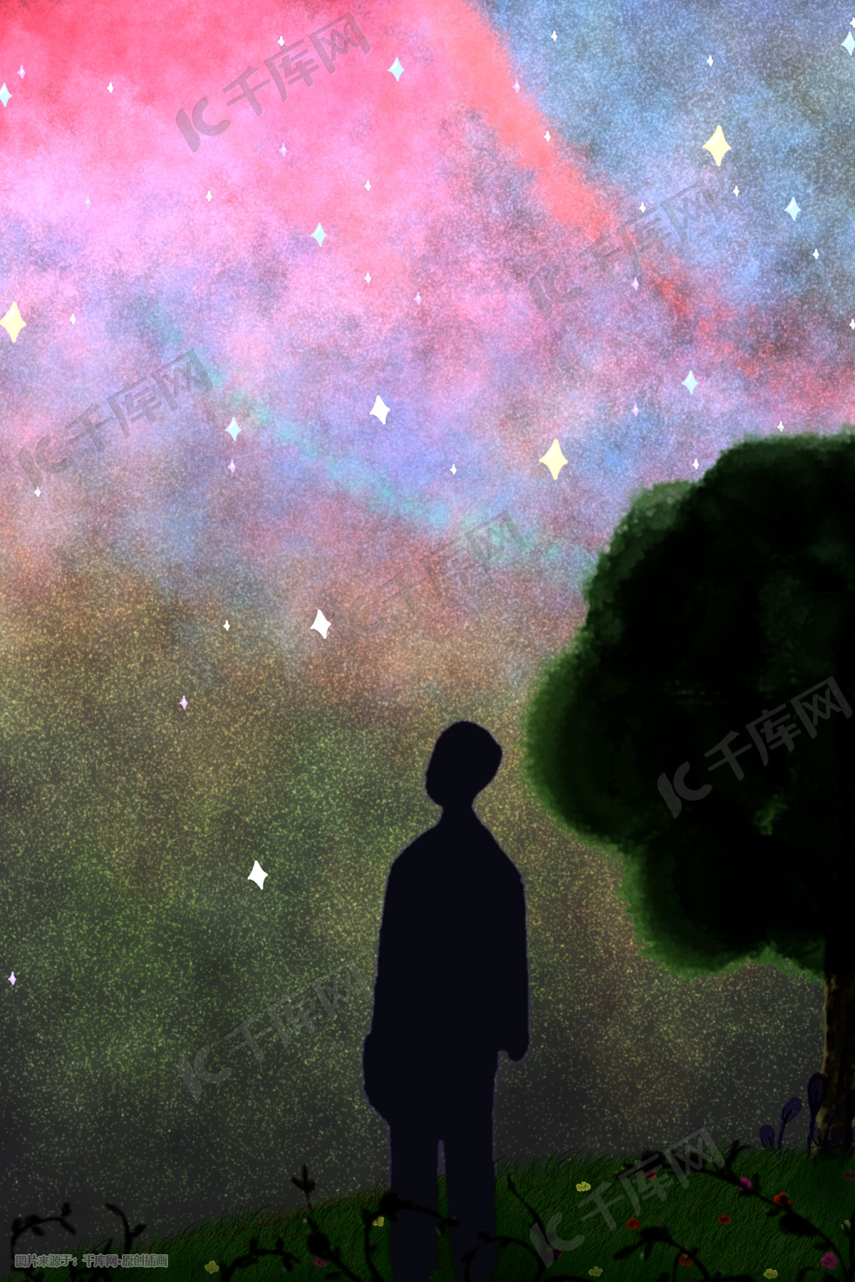 面对星空独自一人静静的思考插画图片 千库网 插画id 114