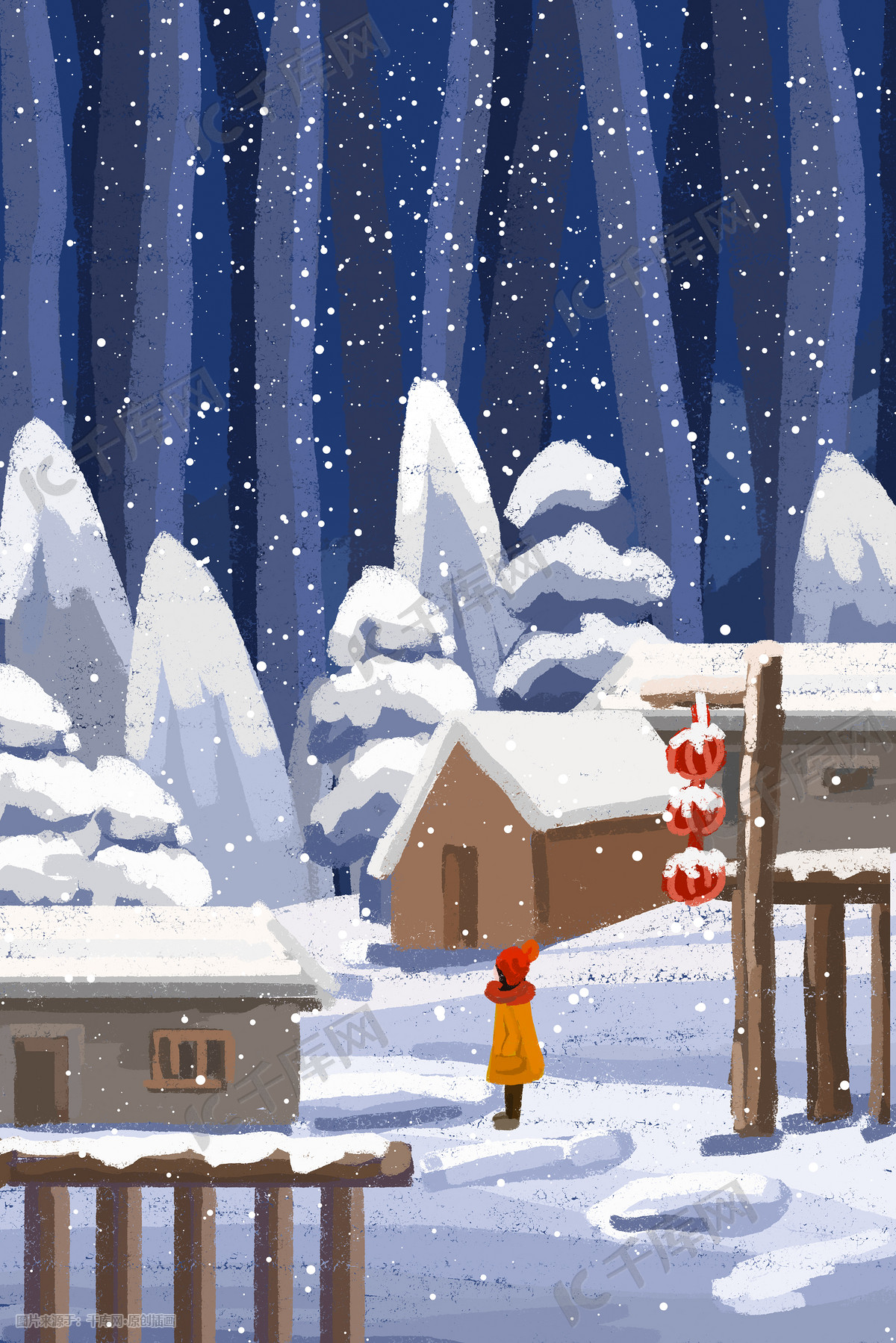 冬天雪景下雪的丛林油画插画图片-千库网