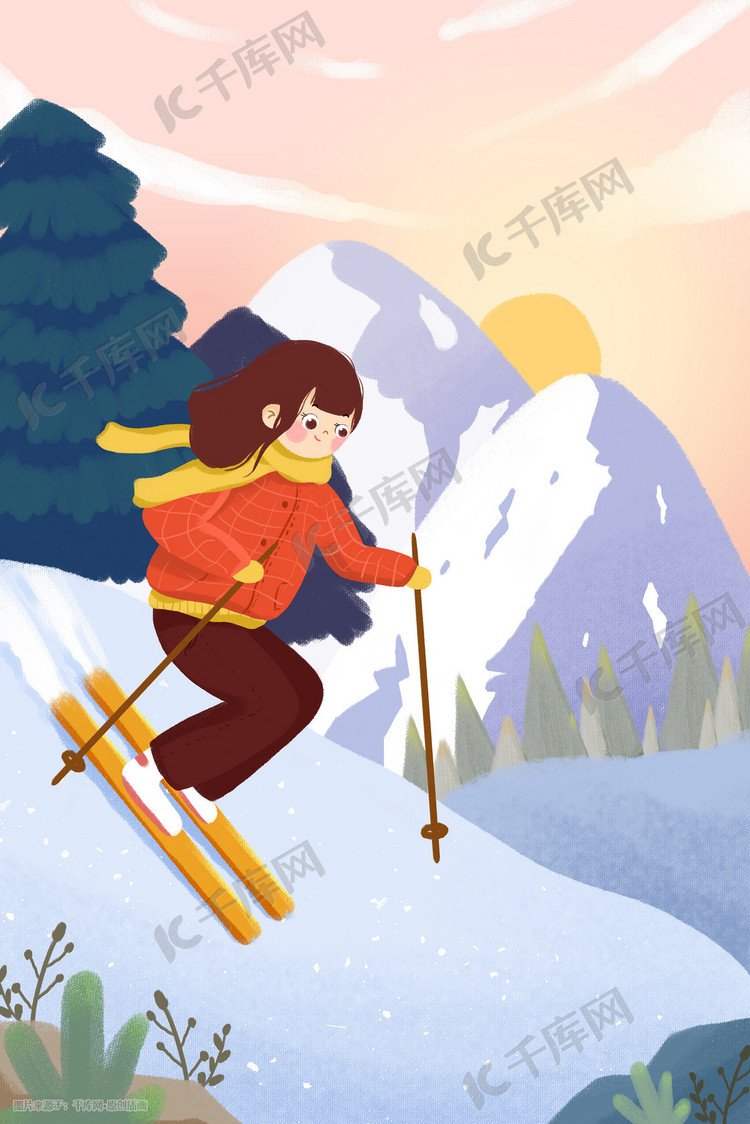 你好一月女孩滑雪蓝色小清新插画
