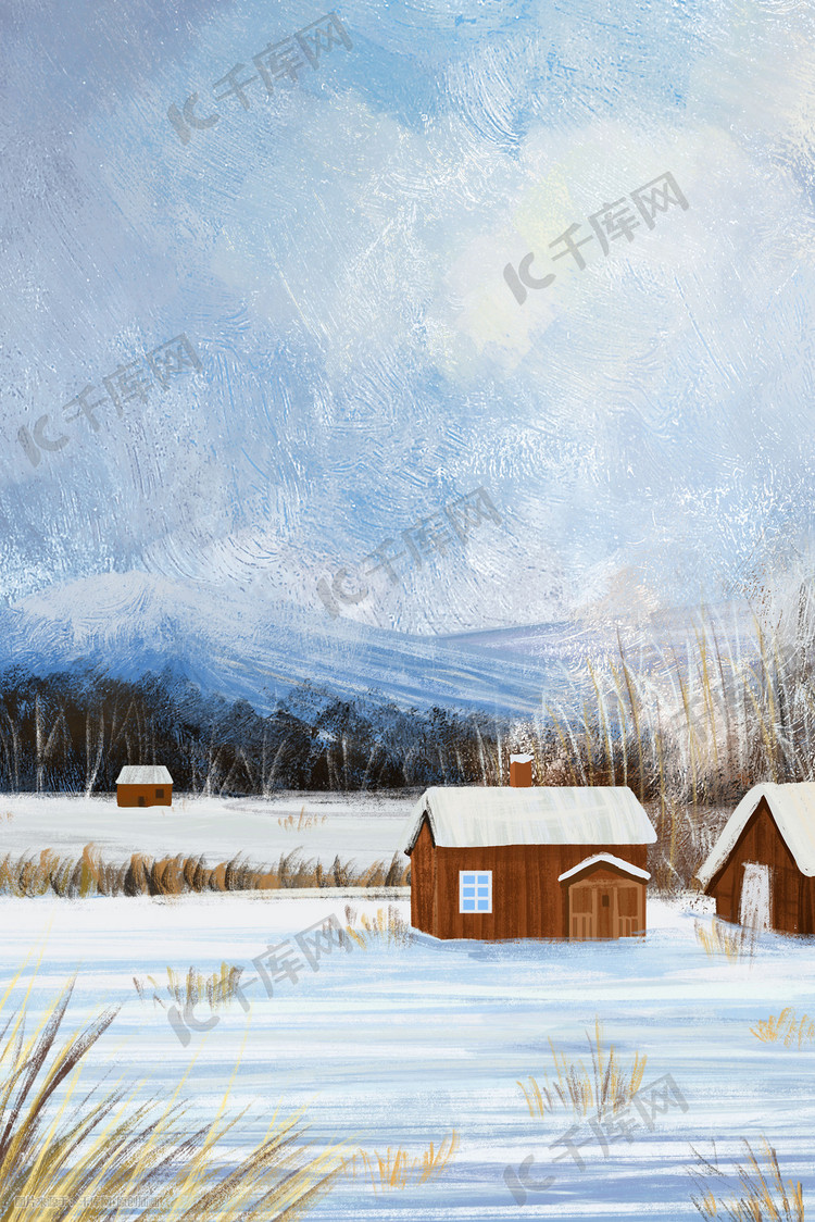冬天立冬节气房屋树雪地雪山油画风景背景